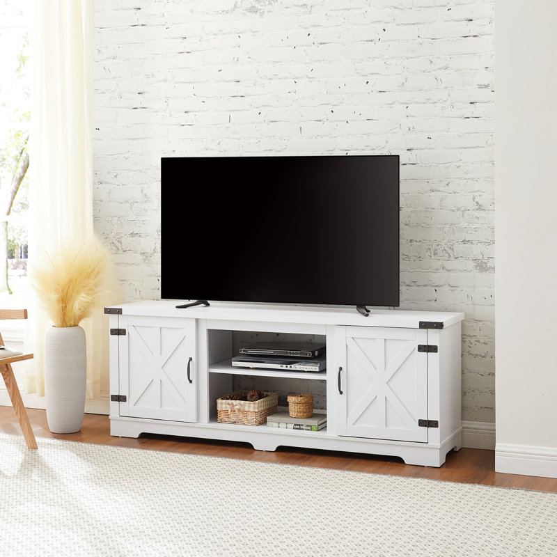 Grande console de télévision au design moderne, pour téléviseur de 70 po, blanc, unité de rangement fonctionnelle inspirée, pouvant accueillir