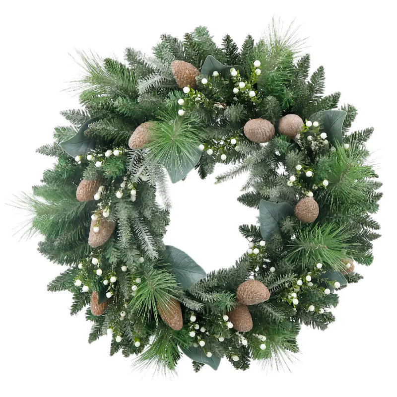 30" Flocked Woodland Pine and Berry Wreath with Pinecones and Frosted Foliage