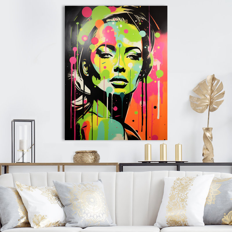«Green and Pink Graffiti Woman Portrait I», art mural moderne femme, Toile tendue, H 20 po x l 12 po x P 1 po
