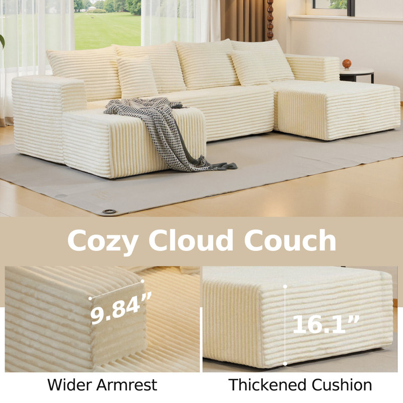 Boneless 134”Sectional Cloud Boneless Sofa Cloud Couch for Living Room, U Shaped Comfy Cordury Couch with Double Lounge Chair, Modern Deep Seat Minimalism Sofa for Home Furniture, No Assembly Required