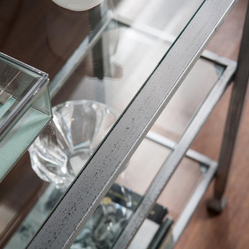 49" Clear and Silver Glass Distressed Frame Console Table With Shelves