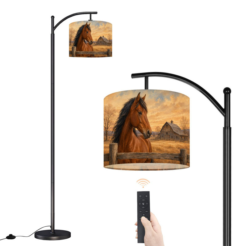 Lampe sur pied à arc avec abat-jour ajustable Cheval de ferme rustique Équestre Caballos Lampe sur pied 3 températures de couleur à intensité variable avec poteau pour interrupteur à pied
