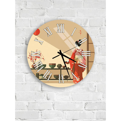 Elegant Geisha Tempered Glass Wall Clock, Japanese Art Decor, Beige, Housewarming Gift Idea, Unique Home Decor
