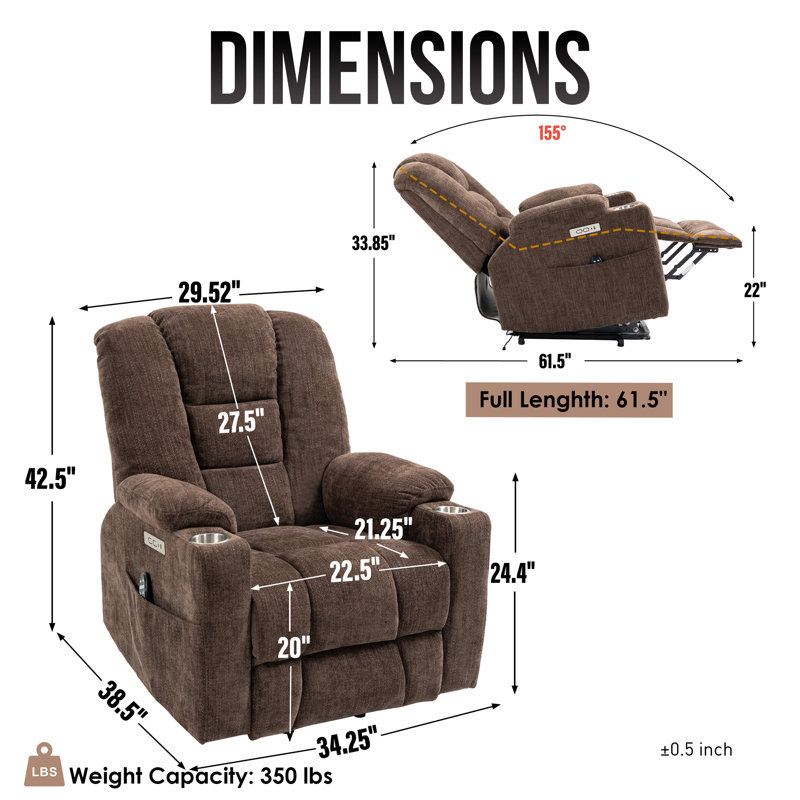 Brisen 34.25"W Chenille Power Liftable Heated Recliner, Remote, USB Port, Brown