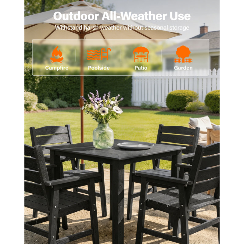 Patio Table Square All-Weather HIPS Patio Dining Table Outdoor Dining Table for Backyard Garden Deck Poolside, Black, Black