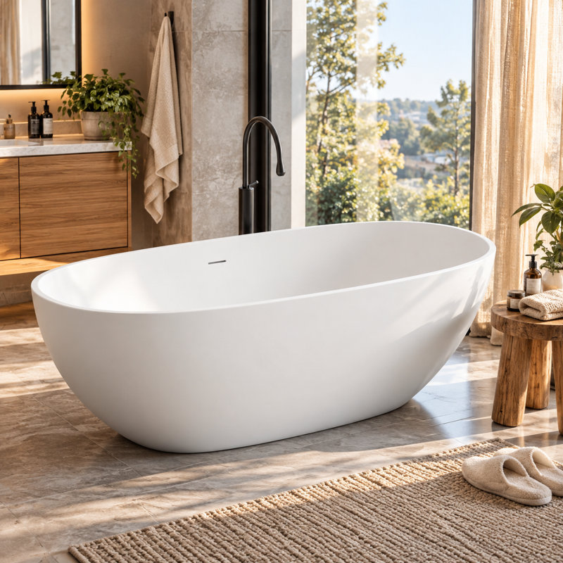 Baignoire îlot KAKUSIGA 66,9 po, en résine de pierre solide blanc mat, ergonomique et profonde pour salle de bain