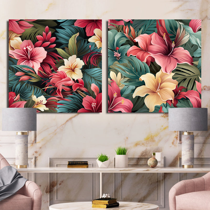 Topsfield - Ensemble de 2 collages carrés floraux, H 16 po x l 33 po, Toile tendue