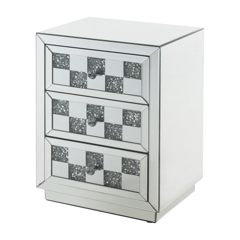 Luxurious Mirrored Glass and Faux Diamond 3-Drawer End Table