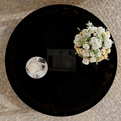 Round Tempered Glass Coffee Table In 30.7",Luxurious Geometric Metal Frame,Gold Finish & Lower Shelf