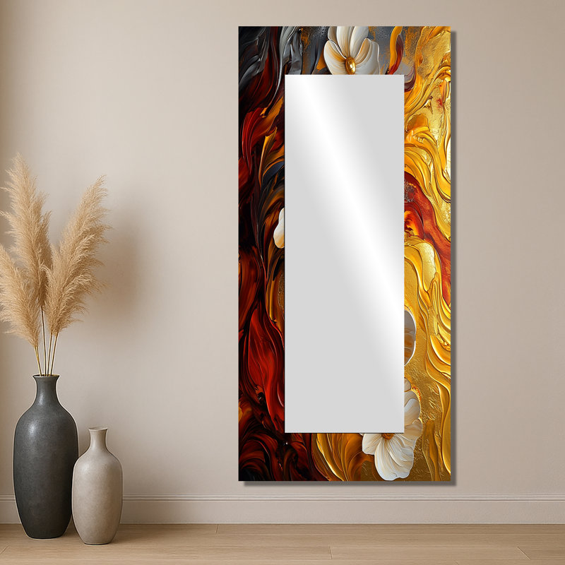 Fleurs sauvages rouges et dorées - Art mural miroir floral - imprimé sur métal, 28 po x 60 po