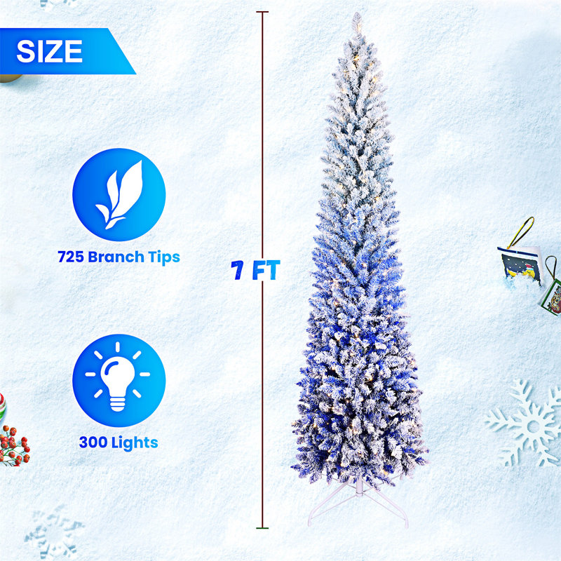Gradient Flocked Slim Christmas Tree With Metal Stand, 7'