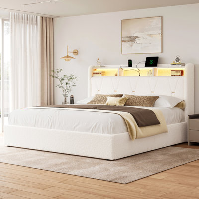 Upholstered Bed With Storage Headboard, Queen Platform Bed Frame With Storage Drawers&led, White by Hokku Designs