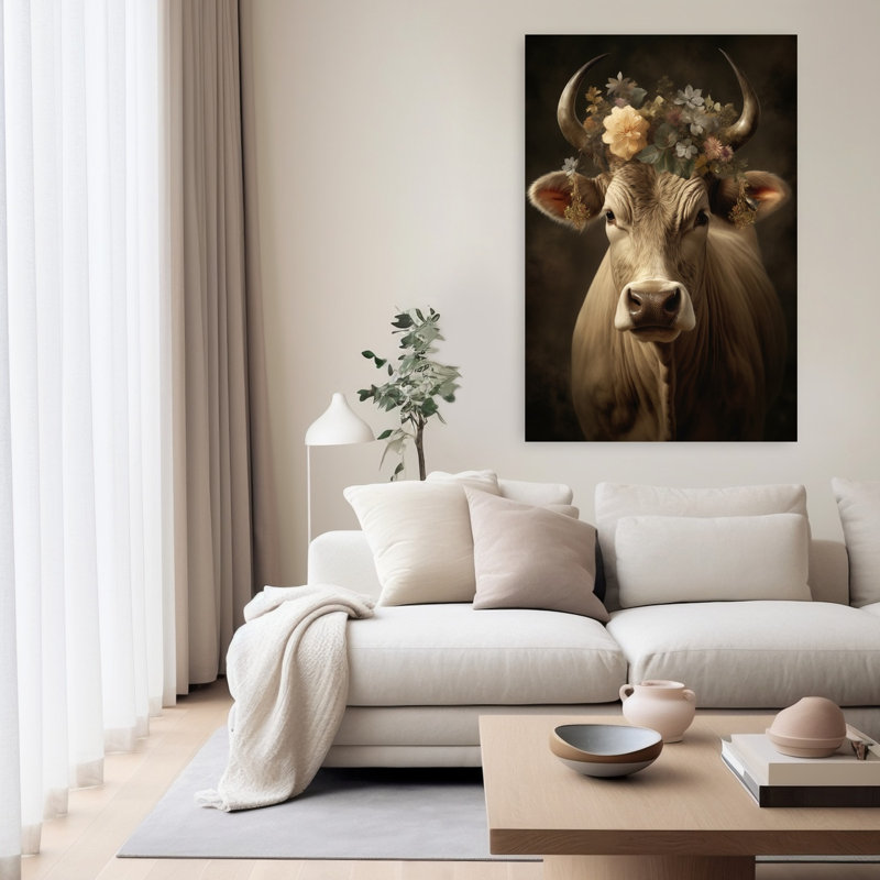Vache avec couronne florale, art abstrait rétro, fleur de vache, nature, H 60 po x l 40 po