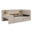 Lit de jour simple rembourré en tissu avec tiroirs, étagères, armoires ouvertes et table d'appoint
