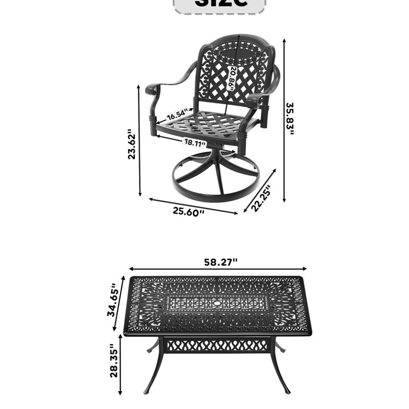 Ensemble de salle à manger en fonte d'aluminium à l'épreuve des intempéries - 6 chaises pivotantes et une table rectangulaire noire, des ornements sculptés attrayants, une excellente résistance aux intempéries, un agencement de sièges confortable, une fonction à 360 degrés,