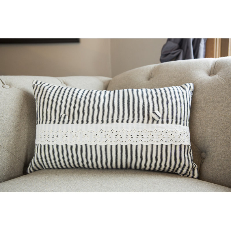 Black and Cream Striped Cotton Lace Pillow Cover 12x20