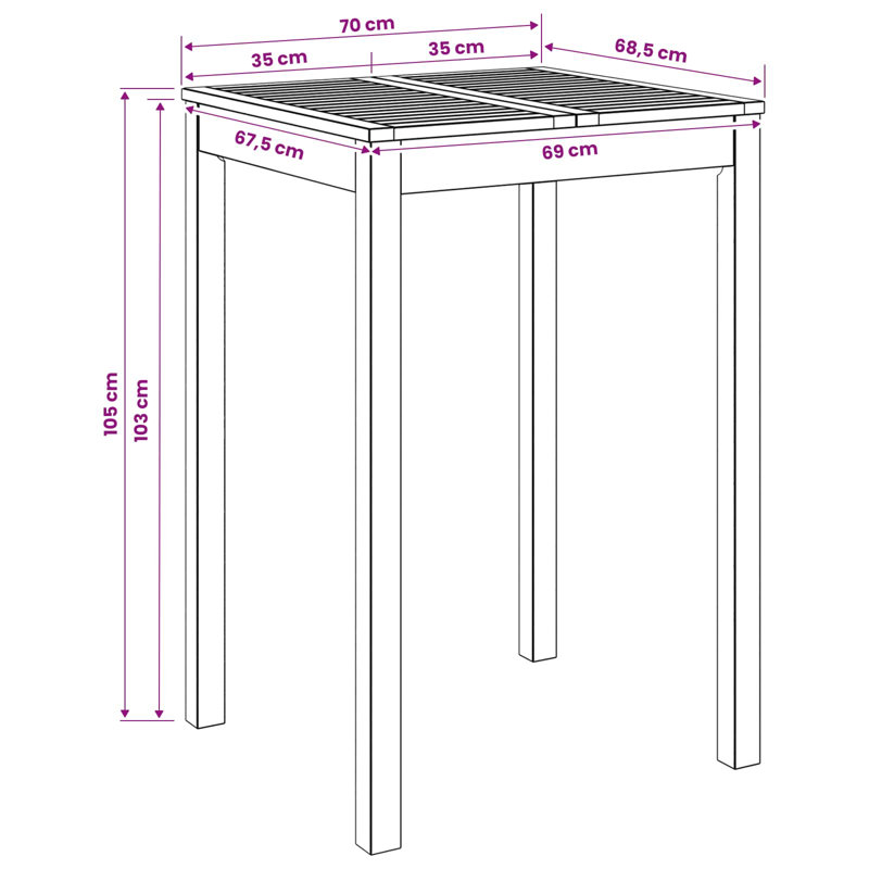 Rectangle Acacia Solid Wood Outdoor Bar Table - 70 cm W 68.5 cm D