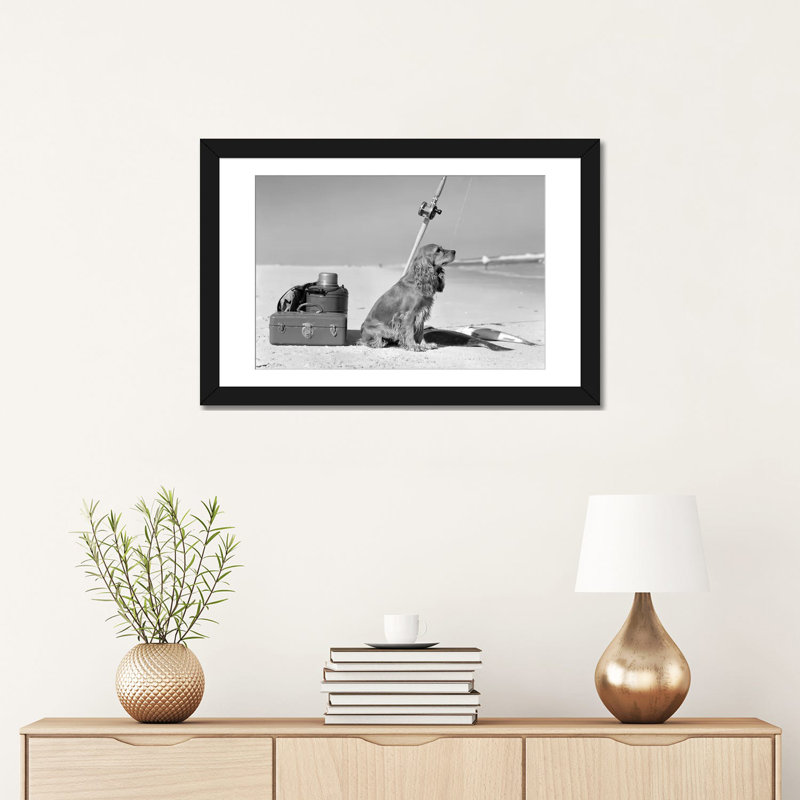 Vintage Images " Cocker Spaniel Dog Standing Guard Over Two Caught Fish And Fishing Equipment " by Vintage Images, White