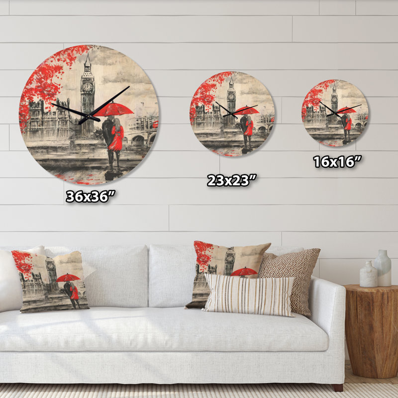 Couples Walking in London - Horloge murale moderne, Moyen, Orange / gris