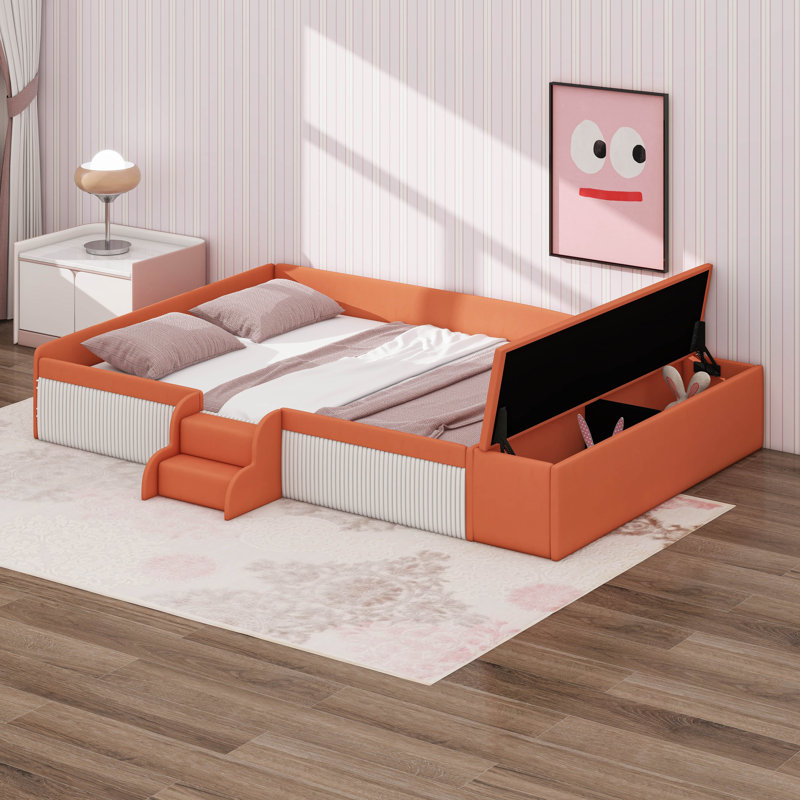 Velvet Daybed With Lift-Up Storage Ottoman And Stairs For Teens Bedroom, Upholstered Platform Bed Frame With Padded Guardrails