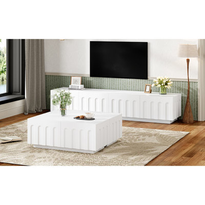Élégant meuble télé blanc et duo de tables basses, console multimédia à double usage avec tiroirs arqués, mobilier polyvalent pour la maison, 8 tiroirs spacieux, conçu et assemblé, le design ajoute