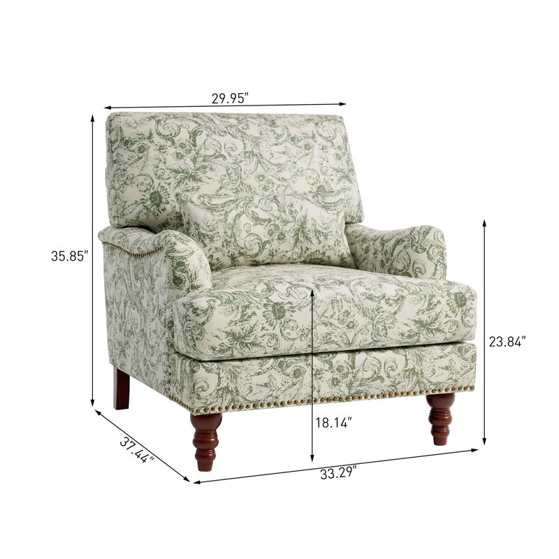 Upholstered Rococo Green Nailhead Trim Accent Chair with Throw Pillow and Solid Wood Legs (Set of 2), Rococo Green Linen