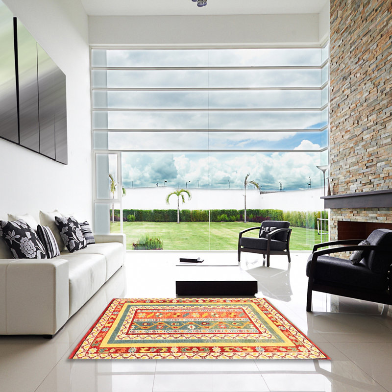 Tapis contemporain jaune / rouge / gris clair, Carré 7 pi
