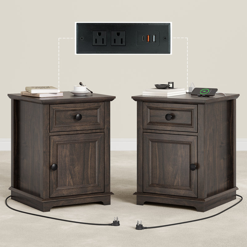 Brittnei 1-Drawer Manufactured Wood Nightstands with Storage and Built-in Outlets, Brown, 2