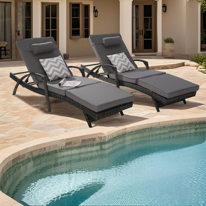 2-Piece Outdoor Wicker Reclining Chaise Lounge Set with Cushions and Curved Armrests, Dark Gray