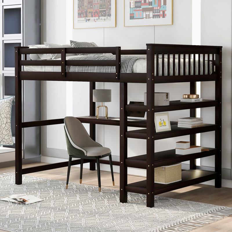 Lit mezzanine double avec tablettes de rangement et bureau sous le lit, Espresso