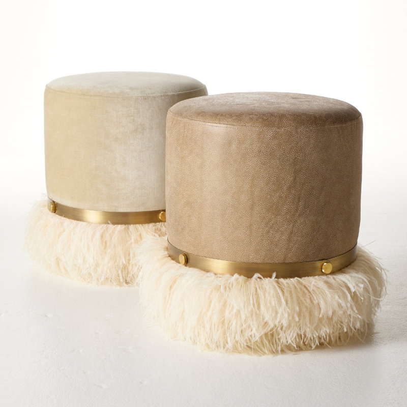 Leather Ostrich Fluff Pouf, Taupe/Cream