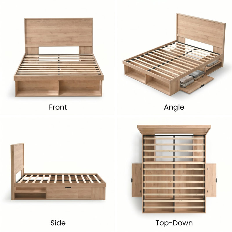 Farmhouse Queen Storage Platform Bed Frame with Drop-Down Side Cabinets & Open Cubbies, 45" Wood-Grain Headboard, No Box Spring Needed, Pale Oak