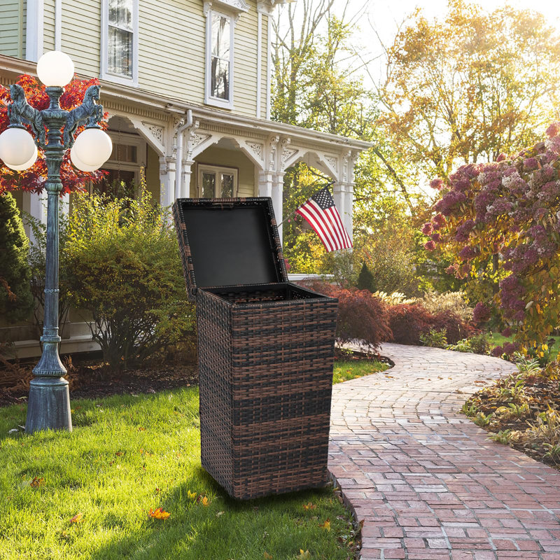 27 Gallon Wicker Patio Trash Can with Removable Lid, Outdoor Rattan Waste Basket for Patio, Backyard & Garden, Brown