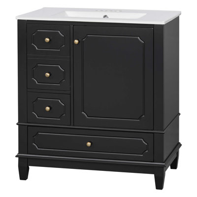 Meuble-lavabo autoportant avec lavabo en céramique, structure en bois massif, porte à fermeture en douceur, tiroirs et tablettes de rangement pour une vie pratique et élégante.