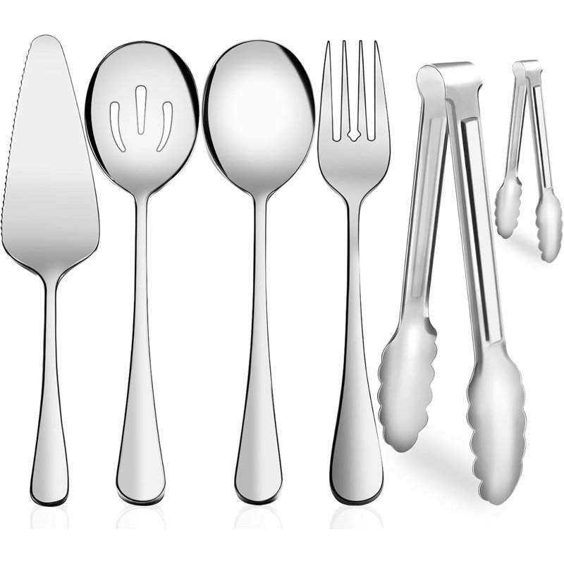 Ensemble d'ustensiles de service 6 pièces en acier inoxydable avec cuillère de service, cuillère à rainures, fourchette, pinces et pelle à tarte - durable et lavable au lave-vaisselle
