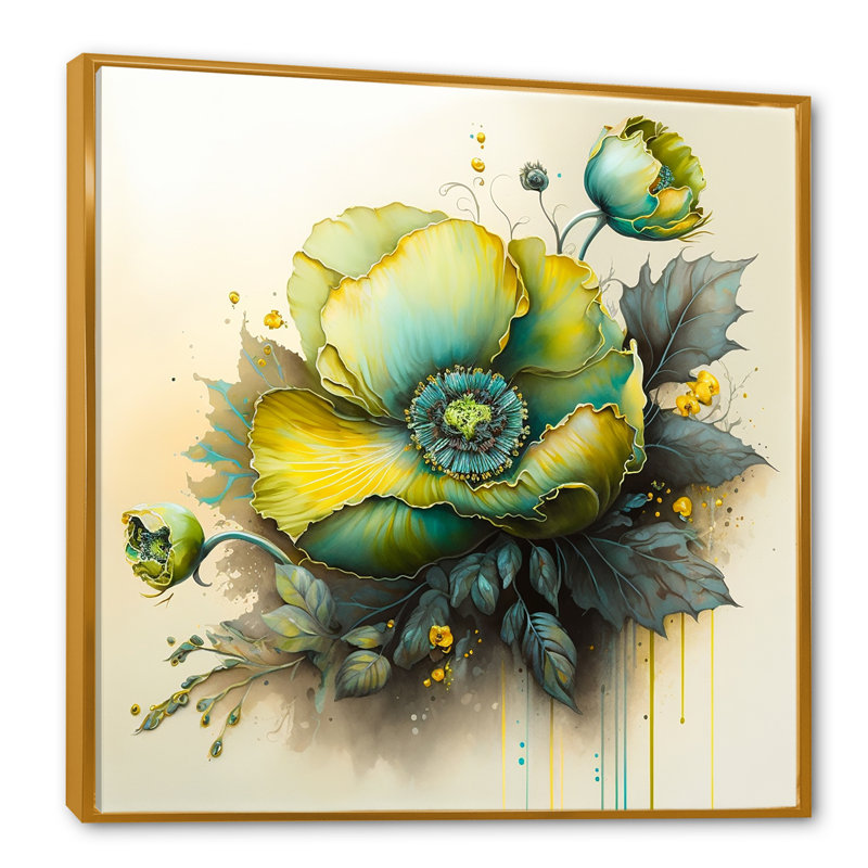 Green Blooming Flower II - peinture sur toile, H 24 po x l 24 po x P 1 po, Toile avec cadre flottant or