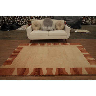 Élégant tapis contemporain de style Gabbeh neutre avec bordure de conception 6 x 8