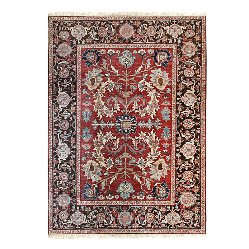 Tapis rouge en laine noué à la main, Rectangulaire 8 pi x 10 pi