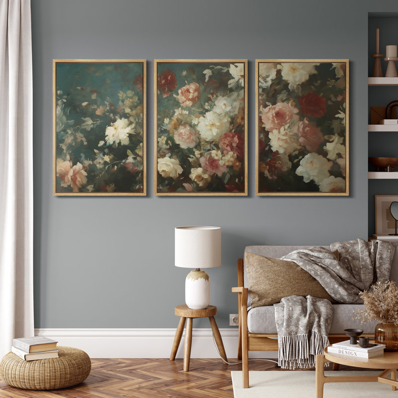 «Romantiques Floral Bouquet with Soft blanc and Blush Flowers», reproduction d'art sur toile encadrée 3 pièces, Cadre naturel