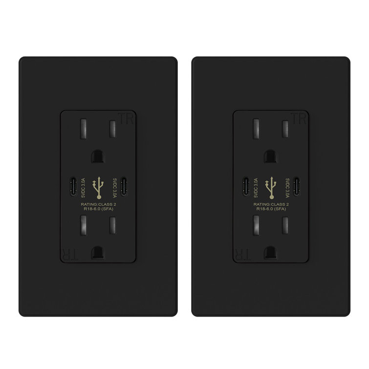 30-Watt 15 Amp Dual Type C USB Wall Charger With Duplex Tamper Resistant Outlet,Wall Plate Included,Black(2-Pack)