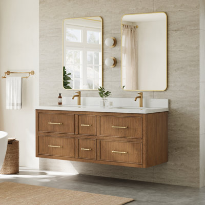 Ensemble de meuble-lavabo mural double 60 po en noyer grillé Isola