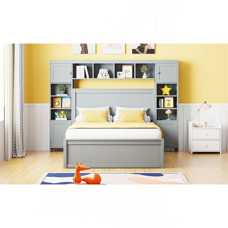 Lit double en bois avec armoire tout-en-un, tablette et prises, lit gigogne simple, gris, Gris