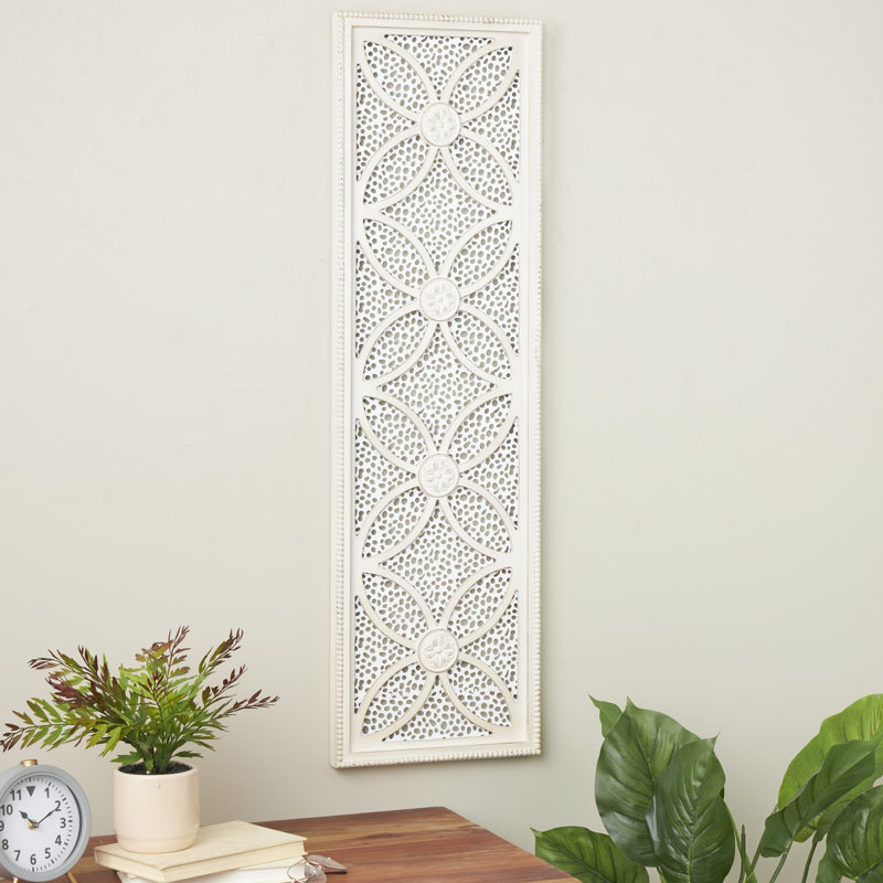 Wooden Panel Floral White Wall Decor with Cutout Metal Backing and Beaded Frame