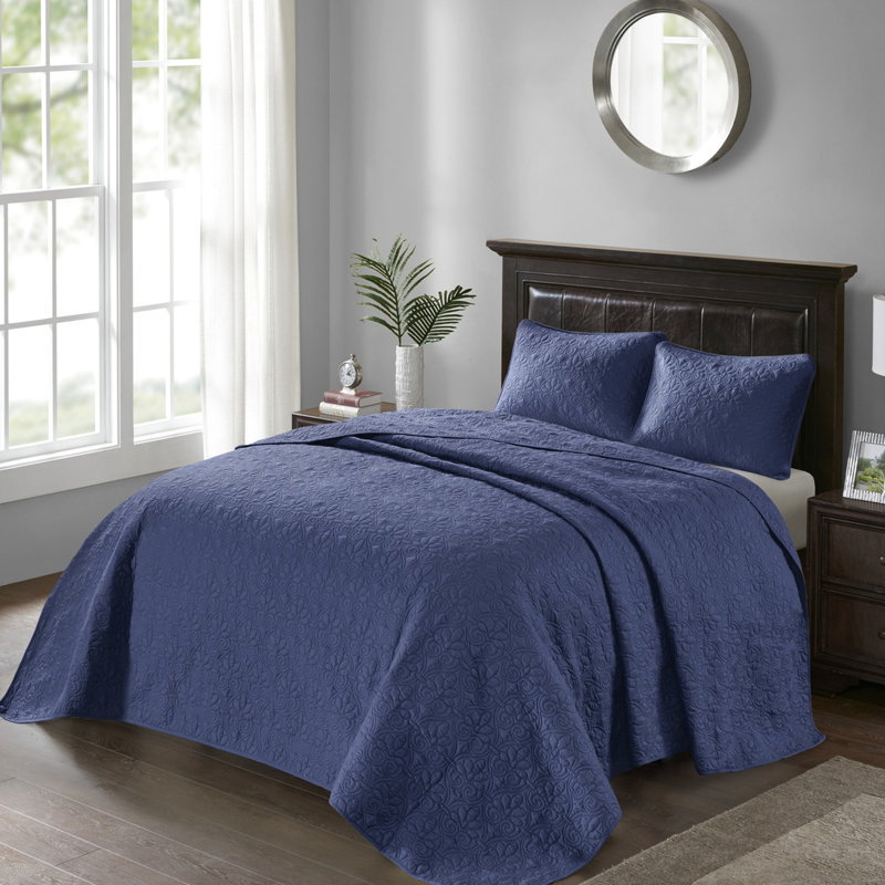 Couvre-lit réversible bleu marine très grand - Rembourrage élégant en coton prélavé avec surpiqûres pour plus de durabilité et deux taies décoratives