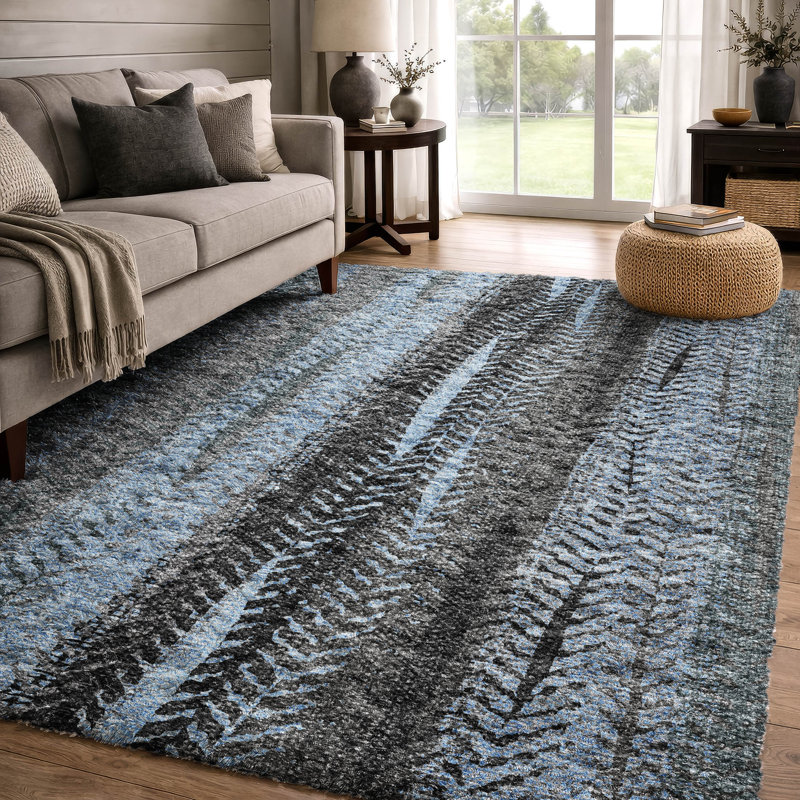 Tapis à rayures de qualité supérieure lavable à la machine à poils longs Dream ADS693, Bleu, 3 pi x 5 pi