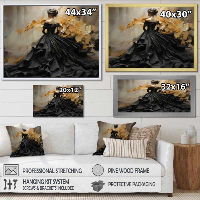 «Fashion Elegance Unveile Gold» - Art mural mode, Doré, H 24 po x l 32 po, Reproduction avec cadre flottant