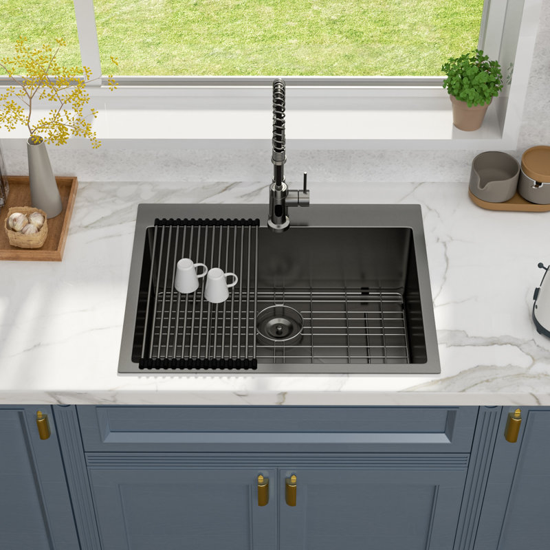 30" L x 22" W Drop-in Kitchen Sink 16 Gauge Stainless Steel Kitchen Sink Topmount Single Bowl Sink, Black