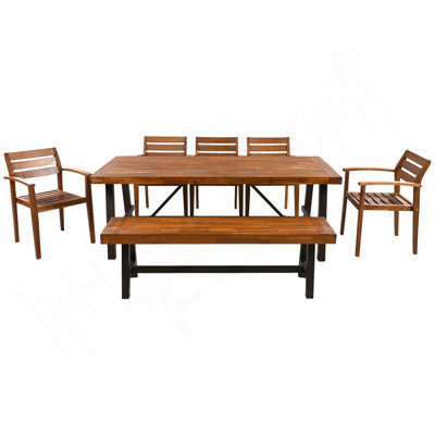 GO Outdoor Wood Dining Set For 7-8 Person, Outdoor Dining Furniture With Removable Cushions, Ergonomic Chairs And Bench, Thicker Table, Nature