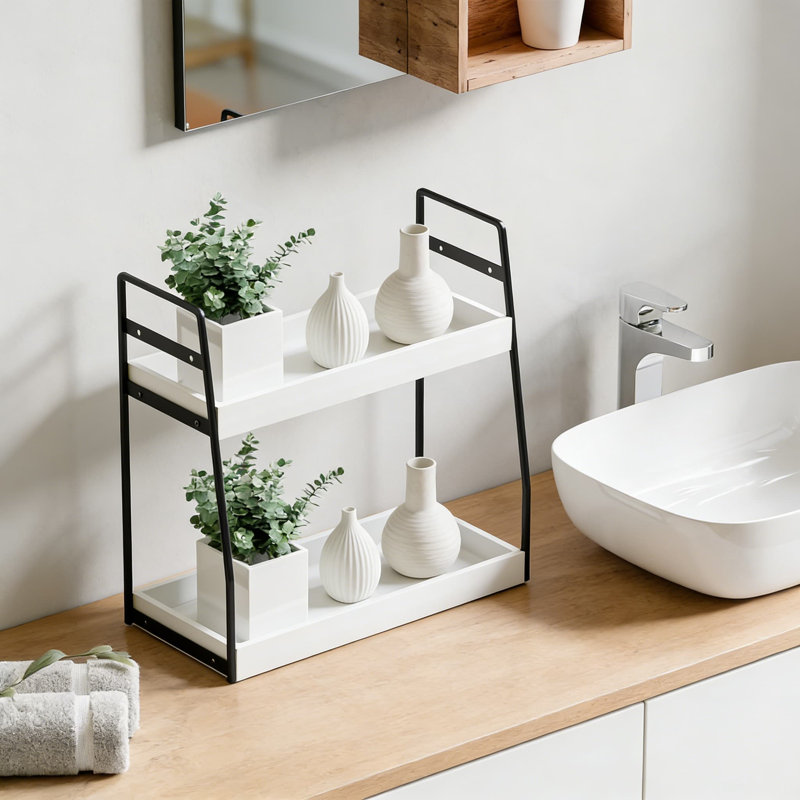 2-Tier Bathroom Countertop Organizer With Adjustable Shelf And Hooks, Wood Vanity Storage Shelf For Sink Corner, Skincare And Cosmetic Organization