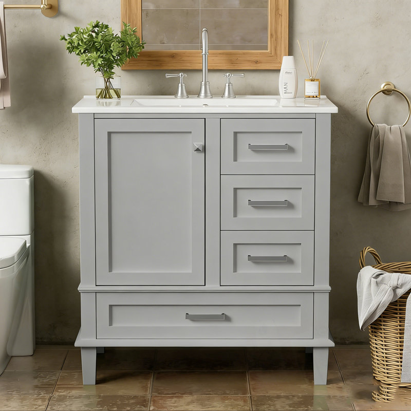Armoire de salle de bain avec lavabo, porte à fermeture douce et 3 tiroirs, Gris